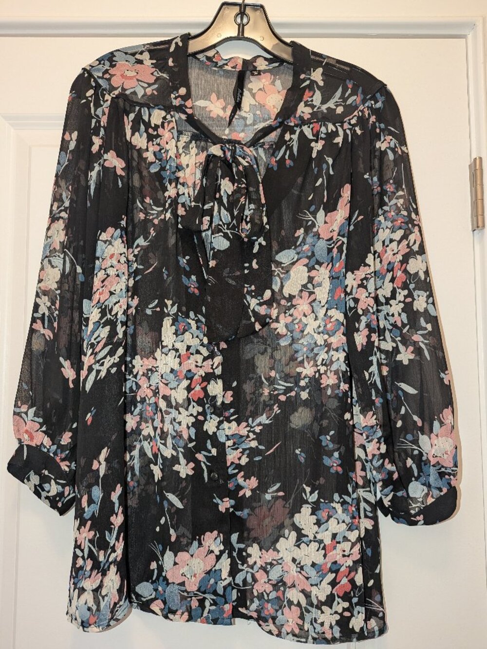 Bellatrix Floral Tie Neck Chiffon Blouse Size M Sheer Black Pink Blue